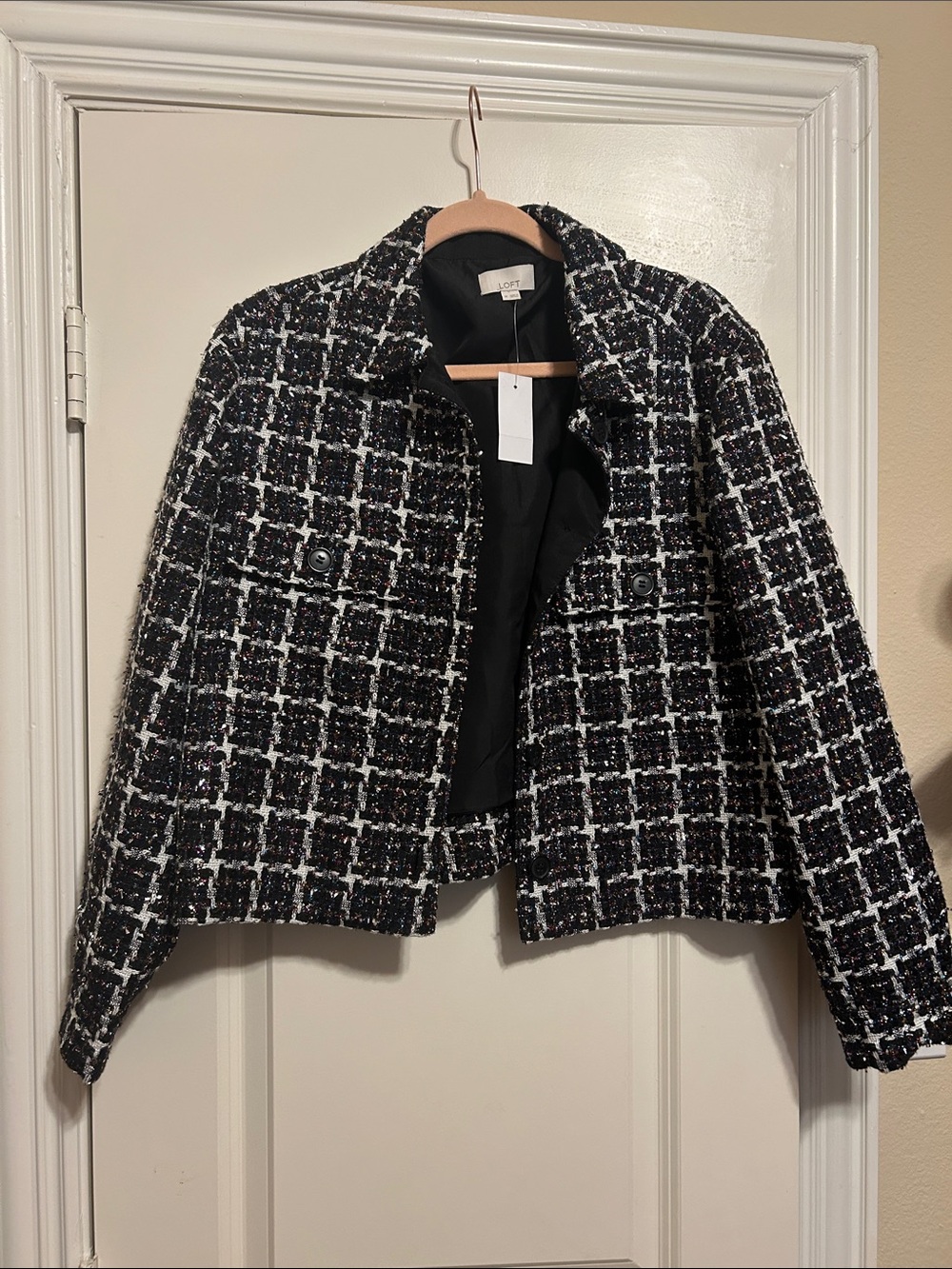 LOFT Black and White multicolored sparkly Tweed Cropped Blazer